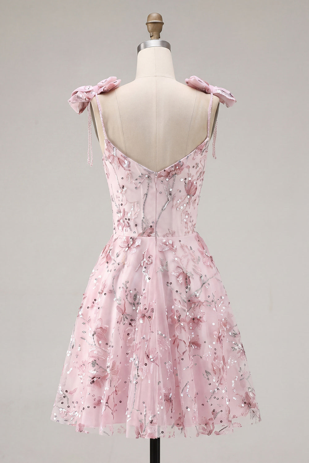 Sparkly Pink A Line Floral Short Beaded Homecoming Dress with Bows