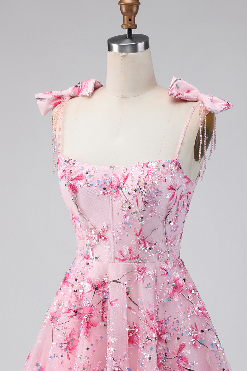 Sparkly Pink A Line Floral Short Beaded Homecoming Dress with Bows