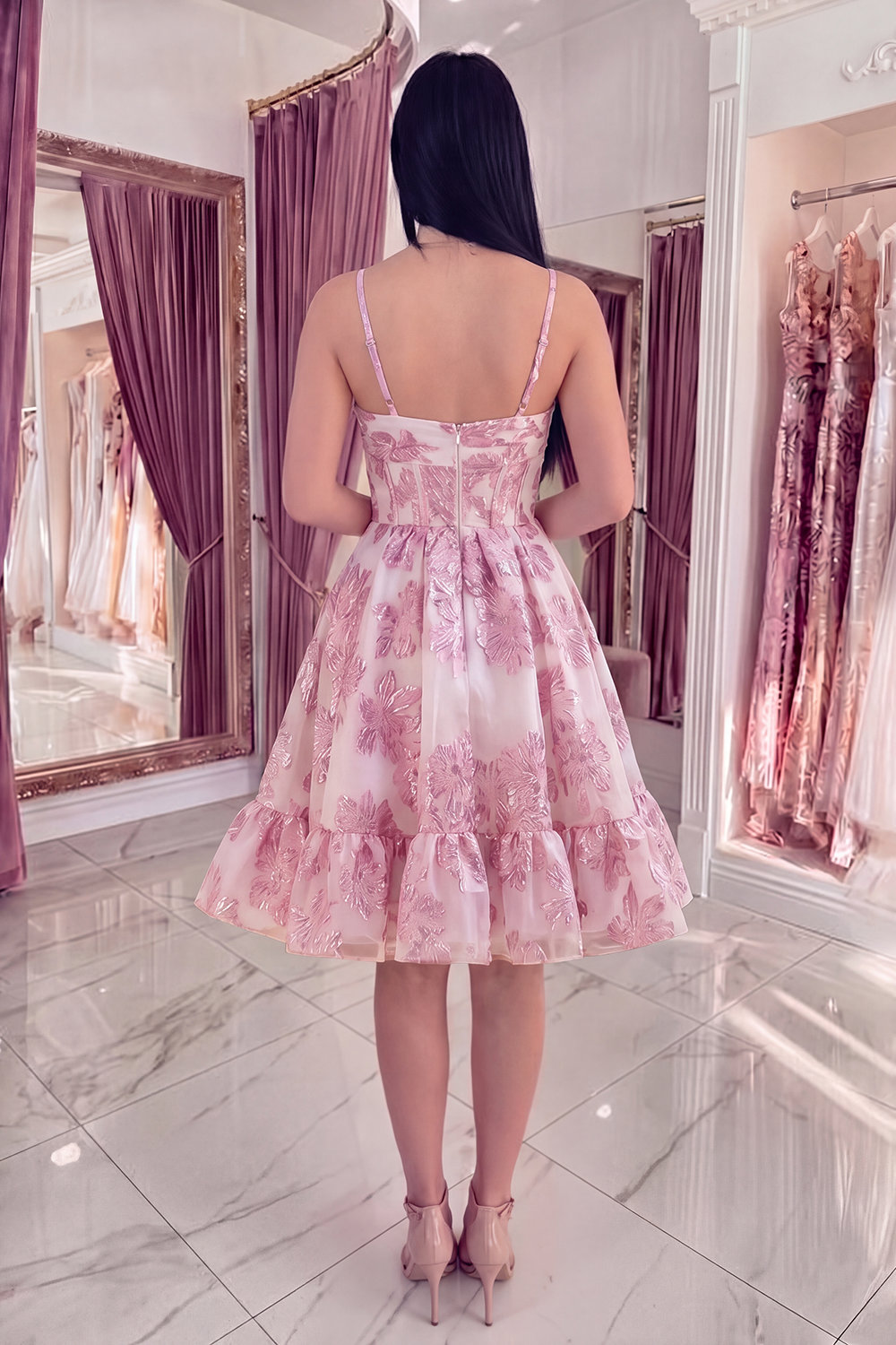 Pink Keyhole Corset Sparkly Floral Short Homecoming Dress with 3D Flower