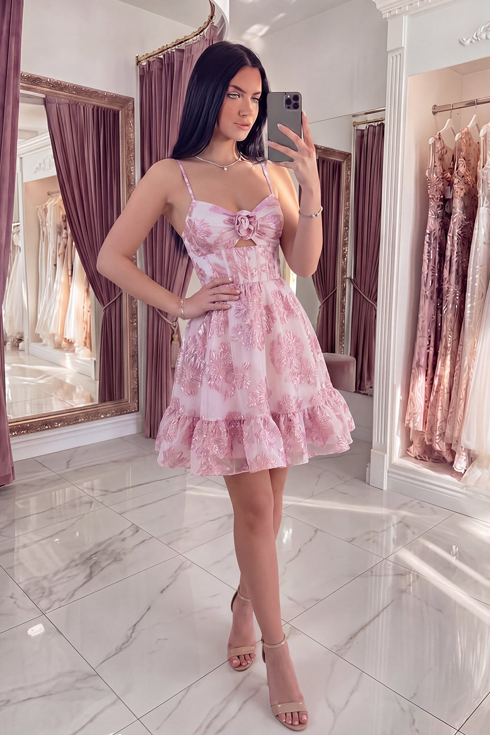 Pink Keyhole Corset Sparkly Floral Short Homecoming Dress with 3D Flower