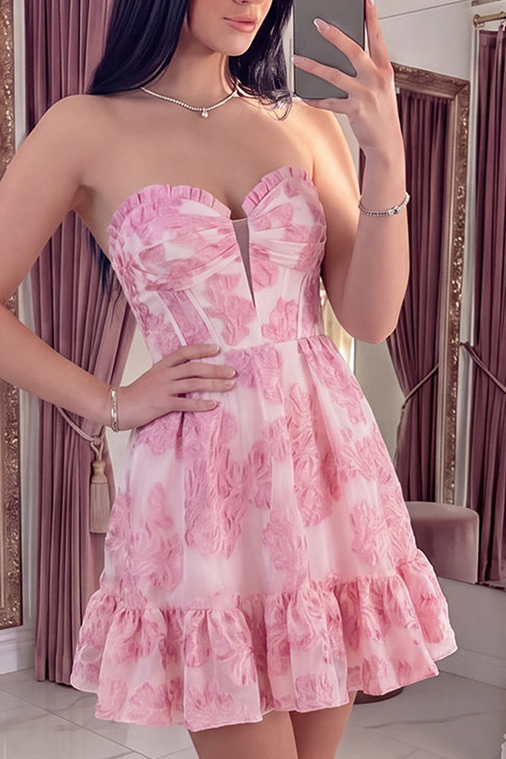 Pink Strapless Corset Floral Jacquard Short Homecoming Dress with Ruffles