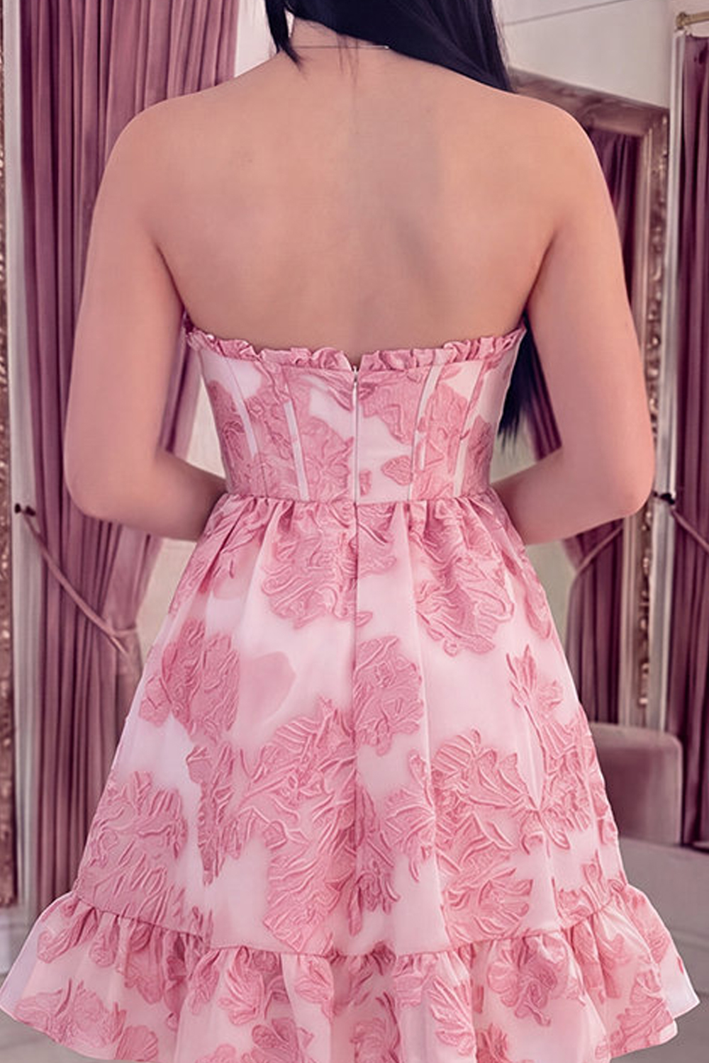 Pink Strapless Corset Floral Jacquard Short Homecoming Dress with Ruffles