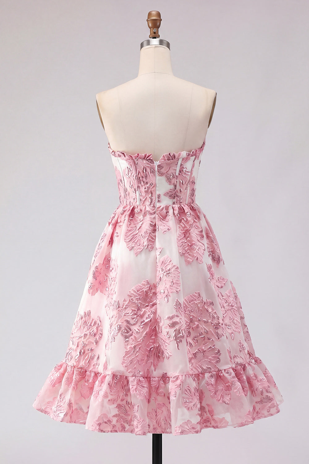 Pink Strapless Corset Floral Jacquard Short Homecoming Dress with Ruffles