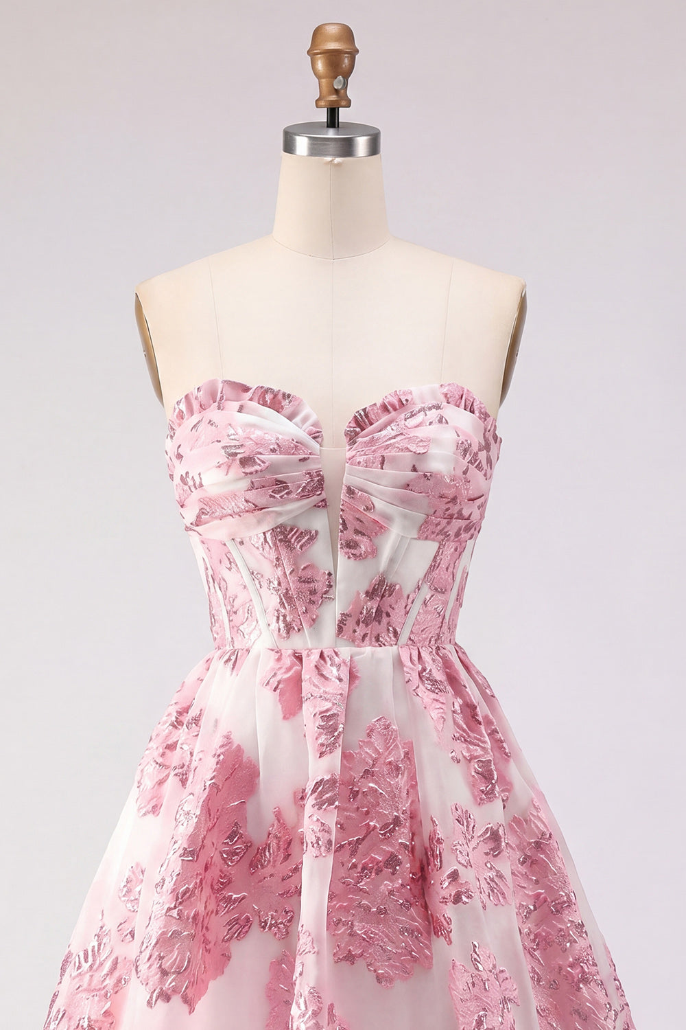 Pink Strapless Corset Floral Jacquard Short Homecoming Dress with Ruffles