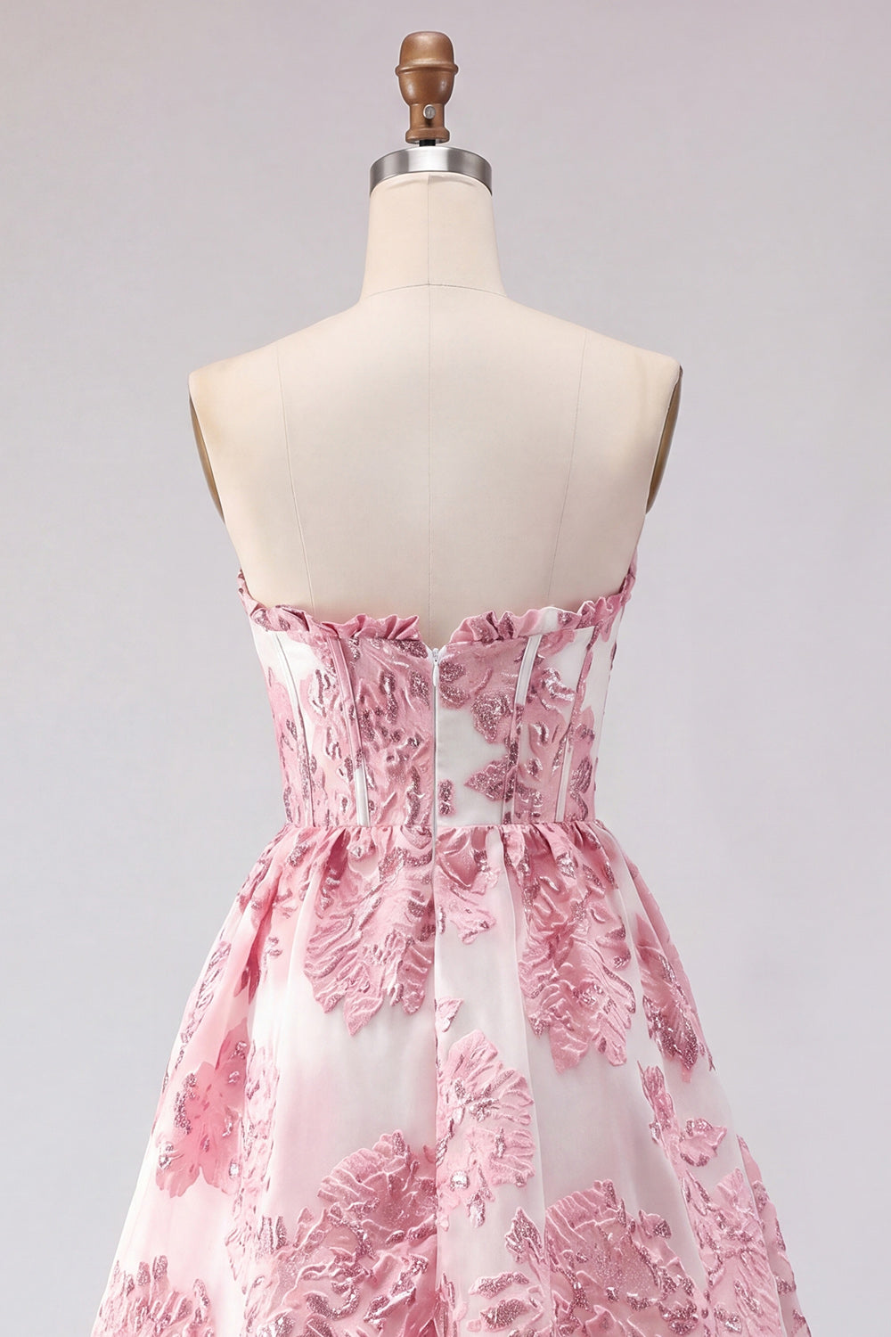 Pink Strapless Corset Floral Jacquard Short Homecoming Dress with Ruffles