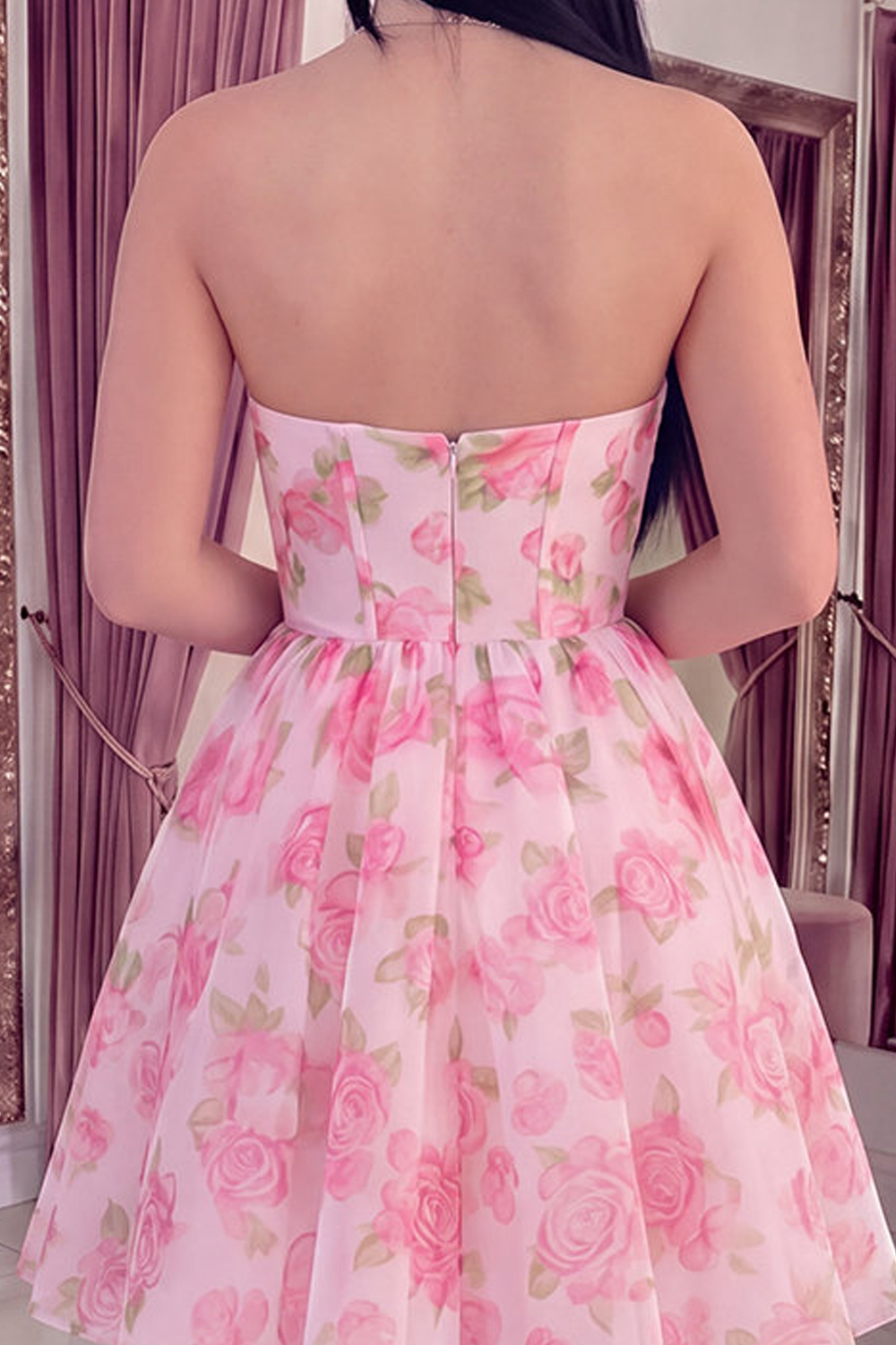 Pink Strapless Corset Floral Short A Line Homecoming Dress