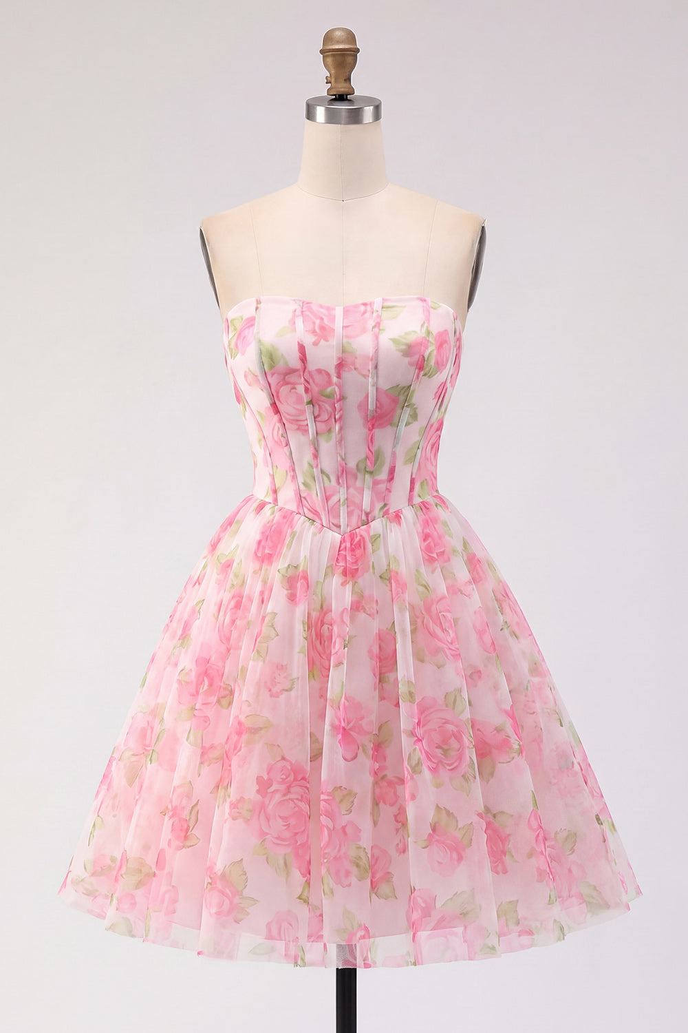 Pink Strapless Corset Floral Short A Line Homecoming Dress