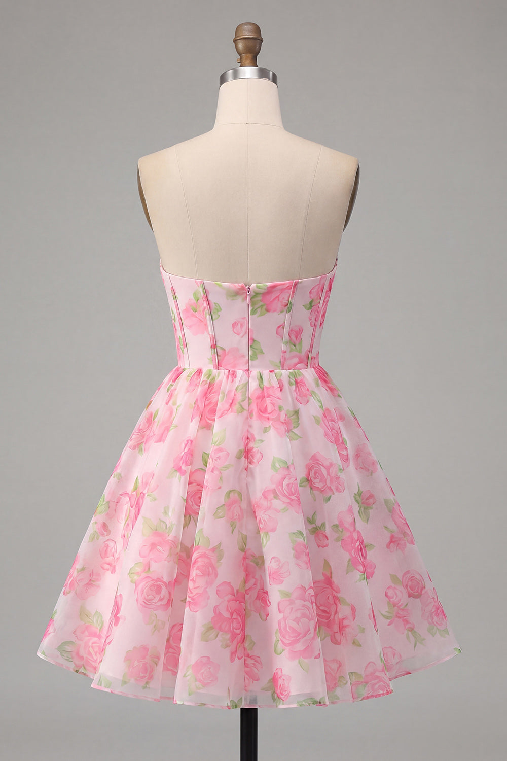 Pink Strapless Corset Floral Short A Line Homecoming Dress