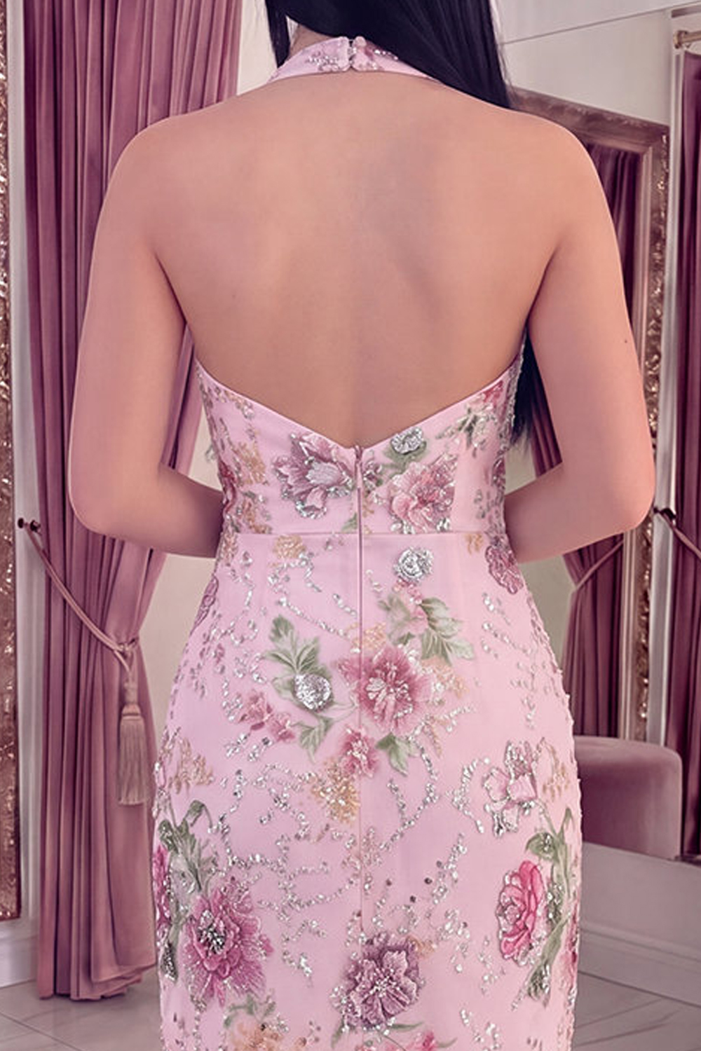 Sparkly Halter Beaded Floral Tight Short Pink Backless Homecoming Dress