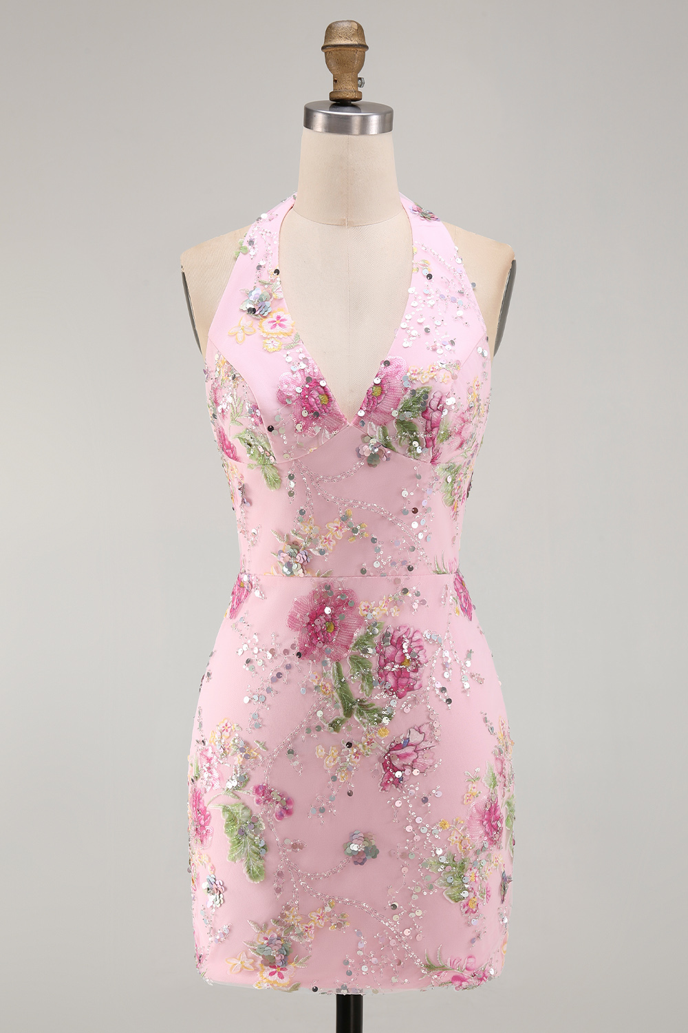 Sparkly Halter Beaded Floral Tight Short Pink Backless Homecoming Dress