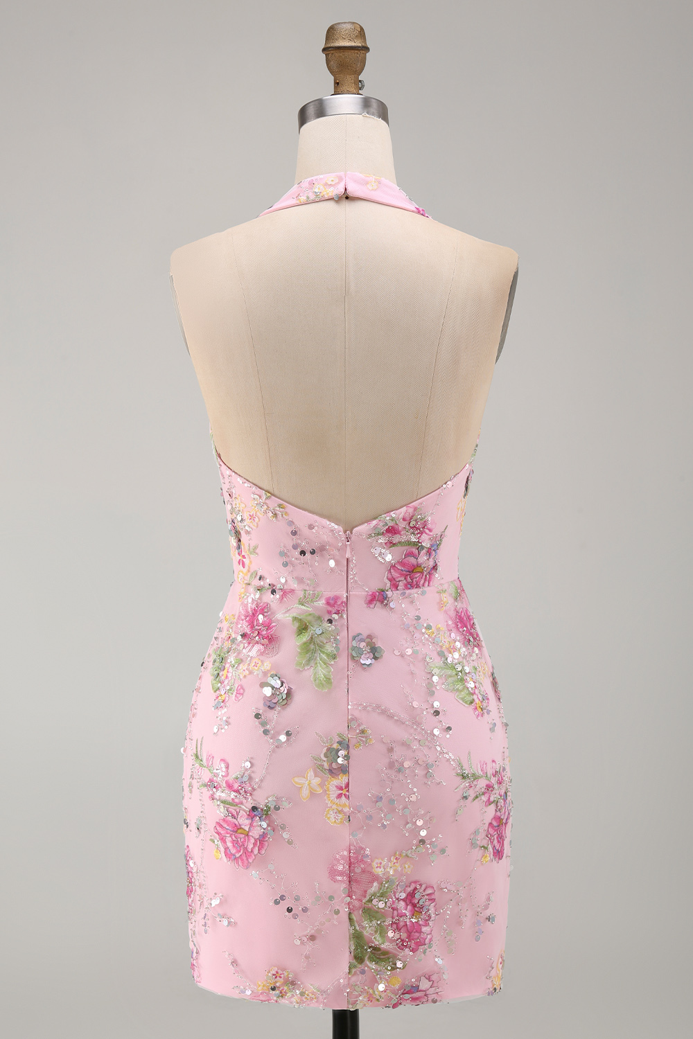 Sparkly Halter Beaded Floral Tight Short Pink Backless Homecoming Dress