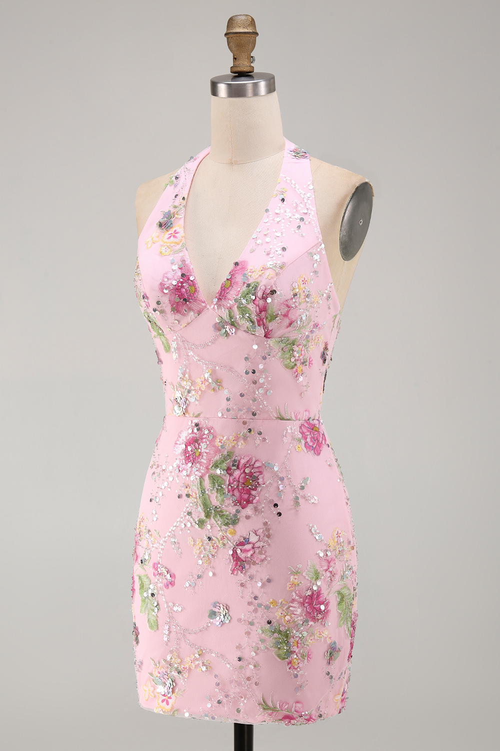 Sparkly Halter Beaded Floral Tight Short Pink Backless Homecoming Dress