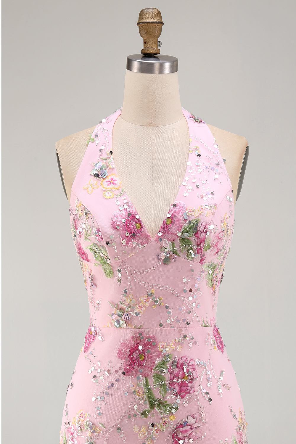 Sparkly Halter Beaded Floral Tight Short Pink Backless Homecoming Dress