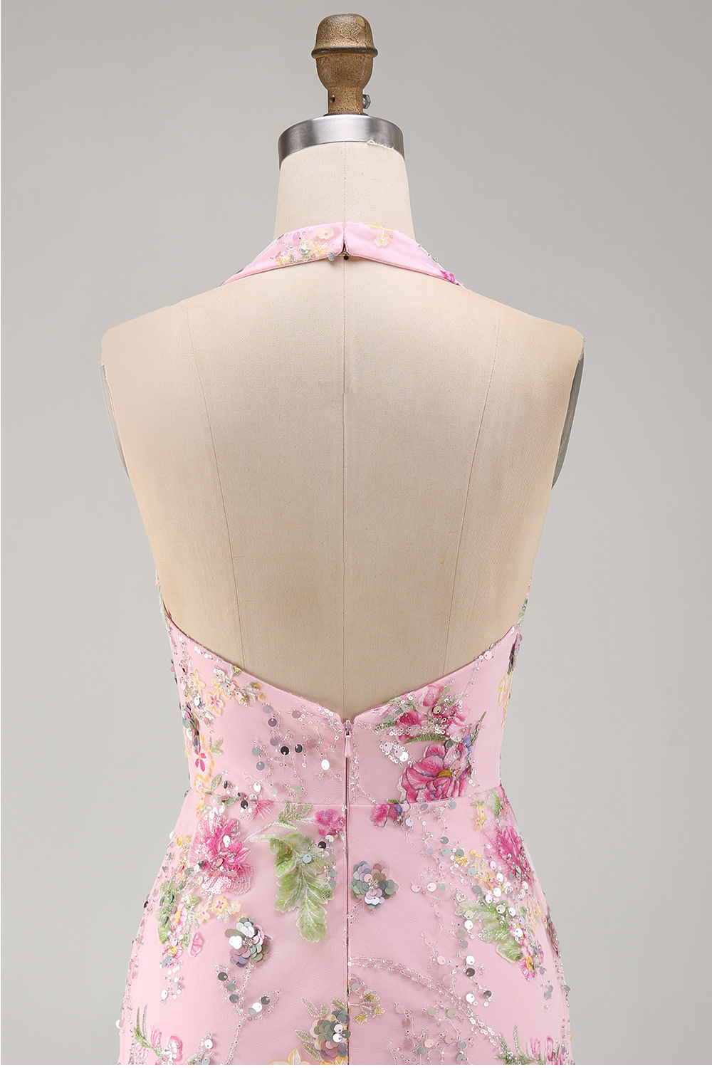Sparkly Halter Beaded Floral Tight Short Pink Backless Homecoming Dress