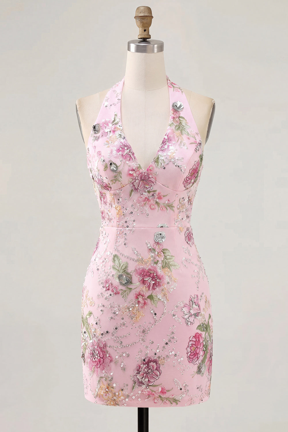 Sparkly Halter Beaded Floral Tight Short Pink Backless Homecoming Dress