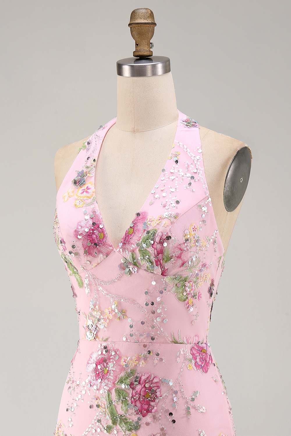 Sparkly Halter Beaded Floral Tight Short Pink Backless Homecoming Dress