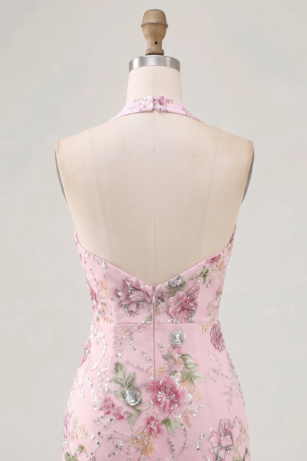 Sparkly Halter Beaded Floral Tight Short Pink Backless Homecoming Dress