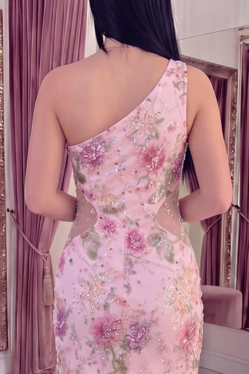 Sparkly Pink One Shoulder Beaded Floral Tight Short Homecoming Dress