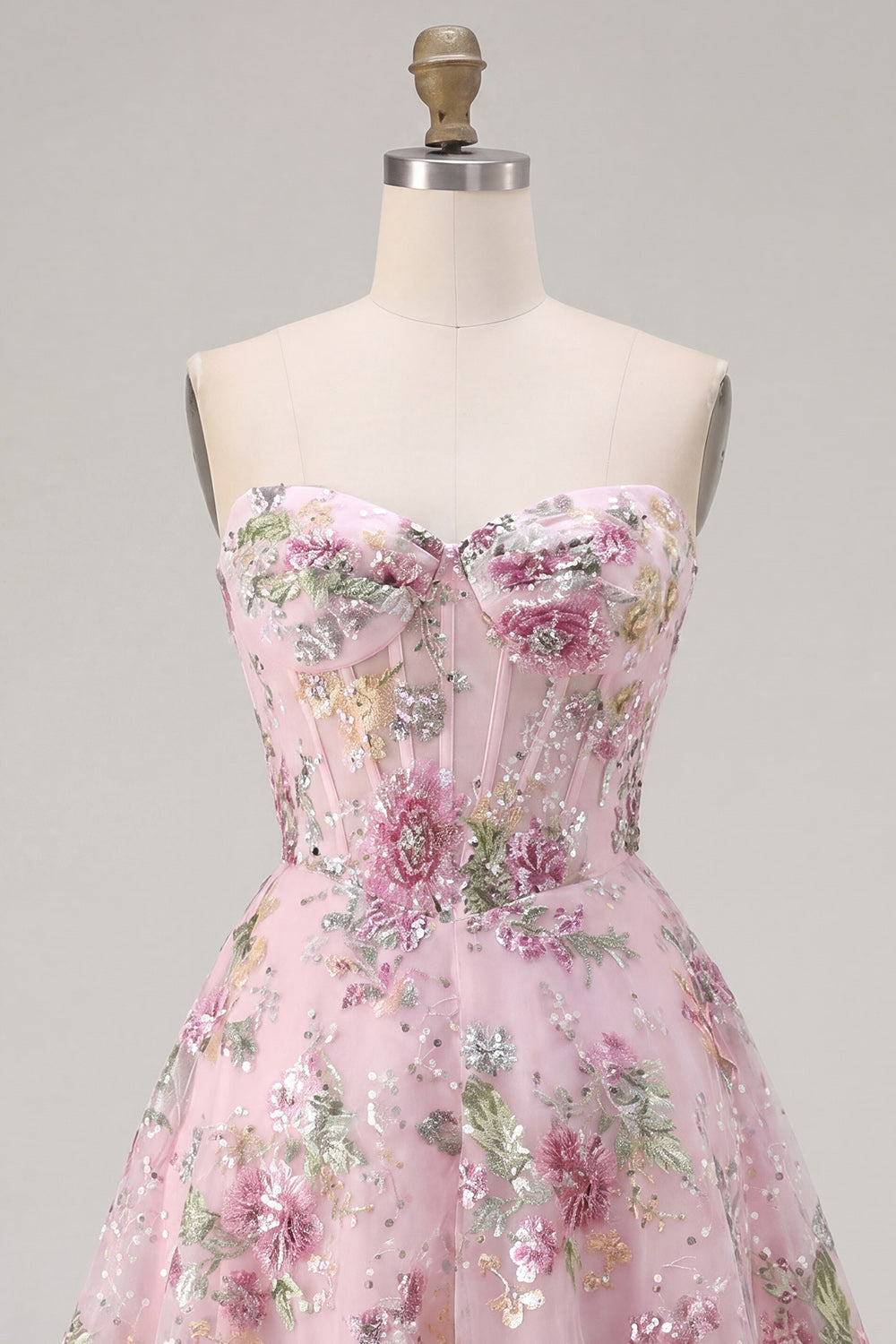 Sparkly Pink A Line Corset Strapless Floral Short Beaded Homecoming Dress