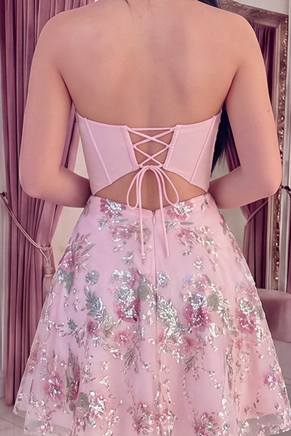 Sparkly Pink A Line Short Beaded Corset Strapless Floral Homecoming Dress