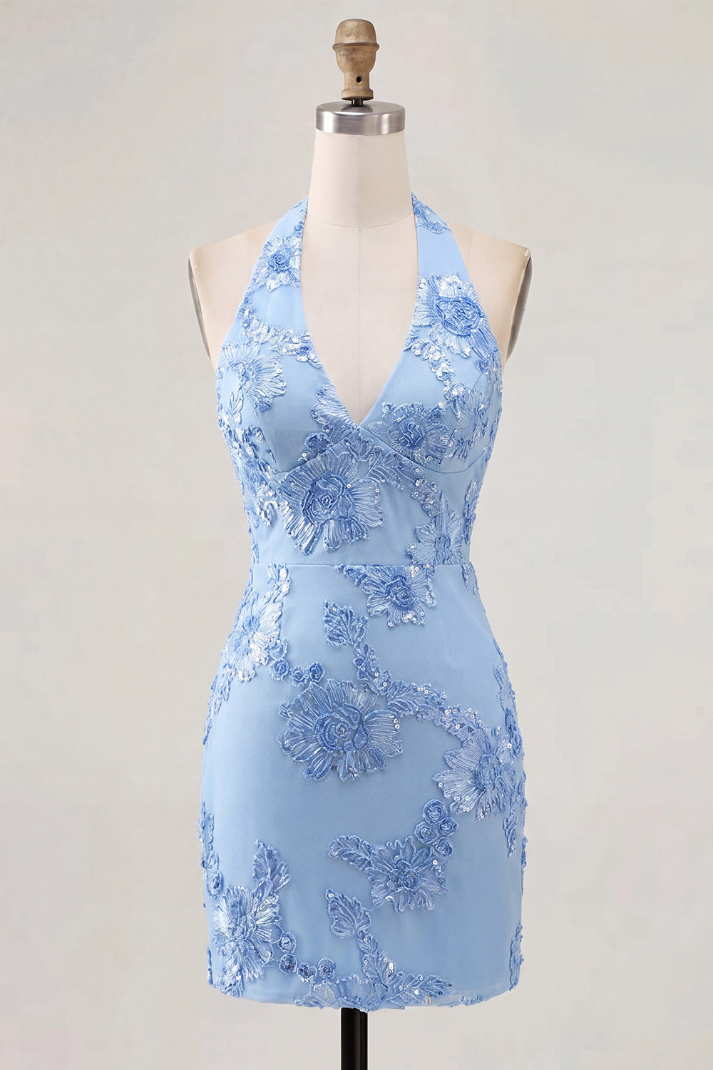 Light Blue Floral Tight Halter Short Backless Homecoming Dress