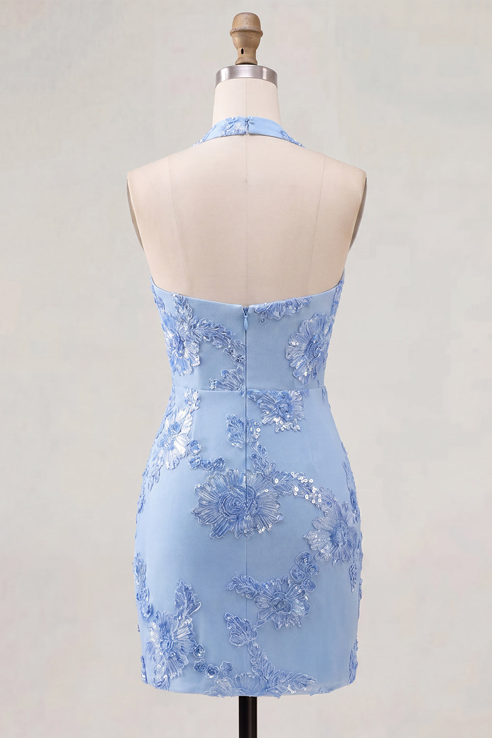 Light Blue Floral Tight Halter Short Backless Homecoming Dress