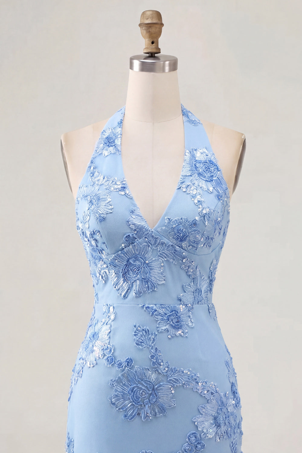 Light Blue Floral Tight Halter Short Backless Homecoming Dress