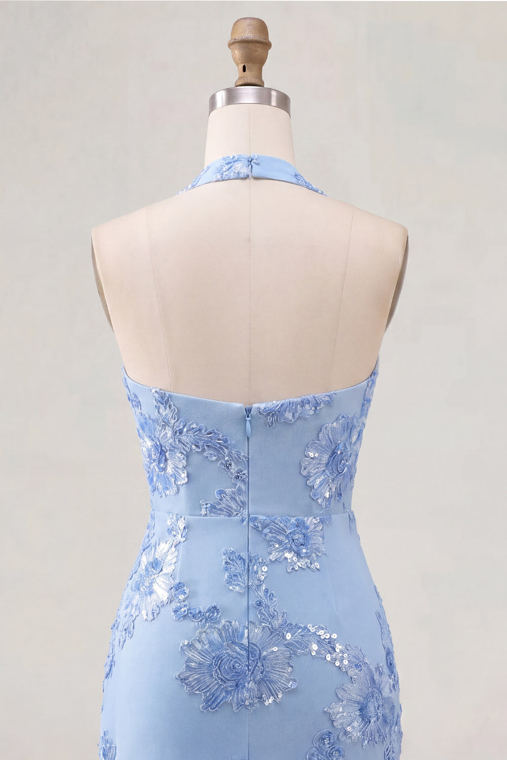 Light Blue Floral Tight Halter Short Backless Homecoming Dress