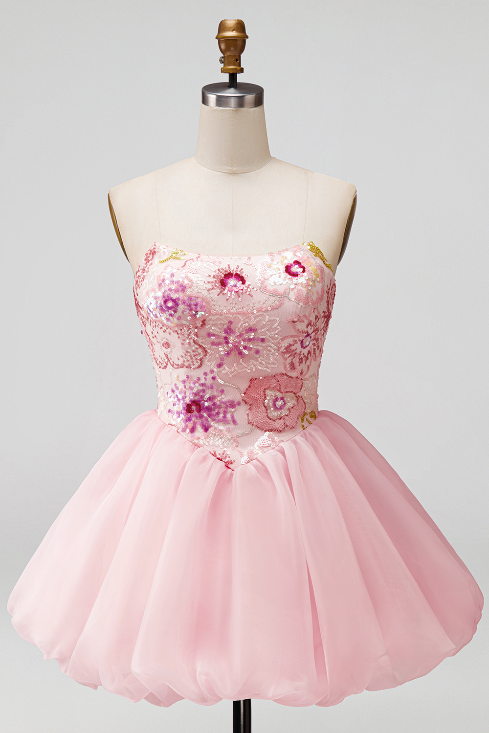 Sparkly Pink A Line Floral Strapless Short Beaded Homecoming Dress