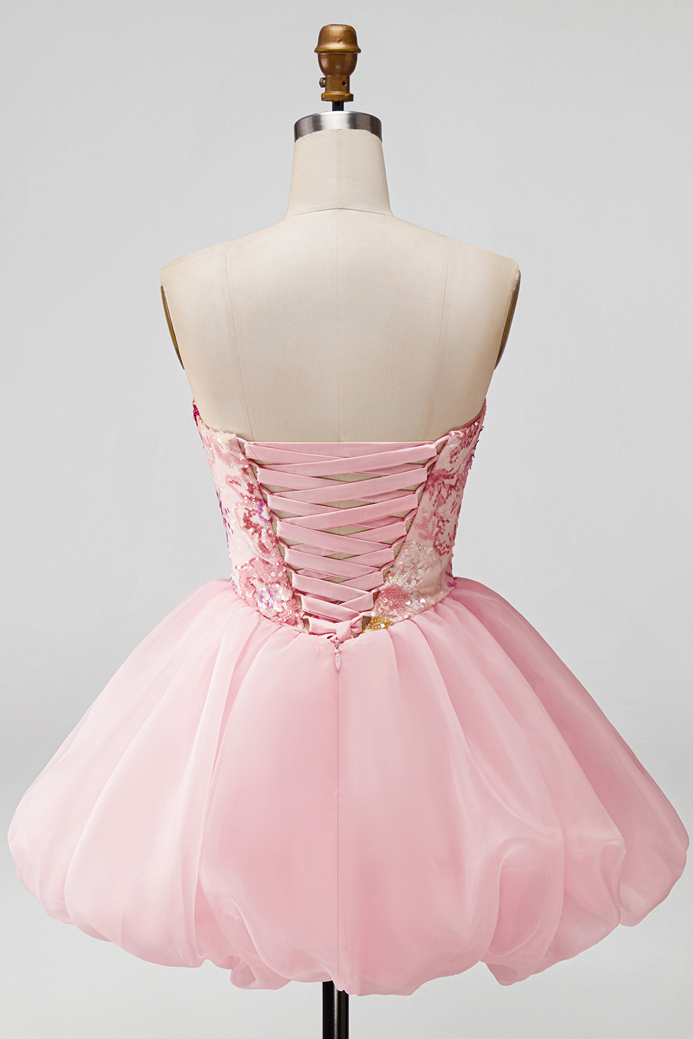 Sparkly Pink A Line Floral Strapless Short Beaded Homecoming Dress