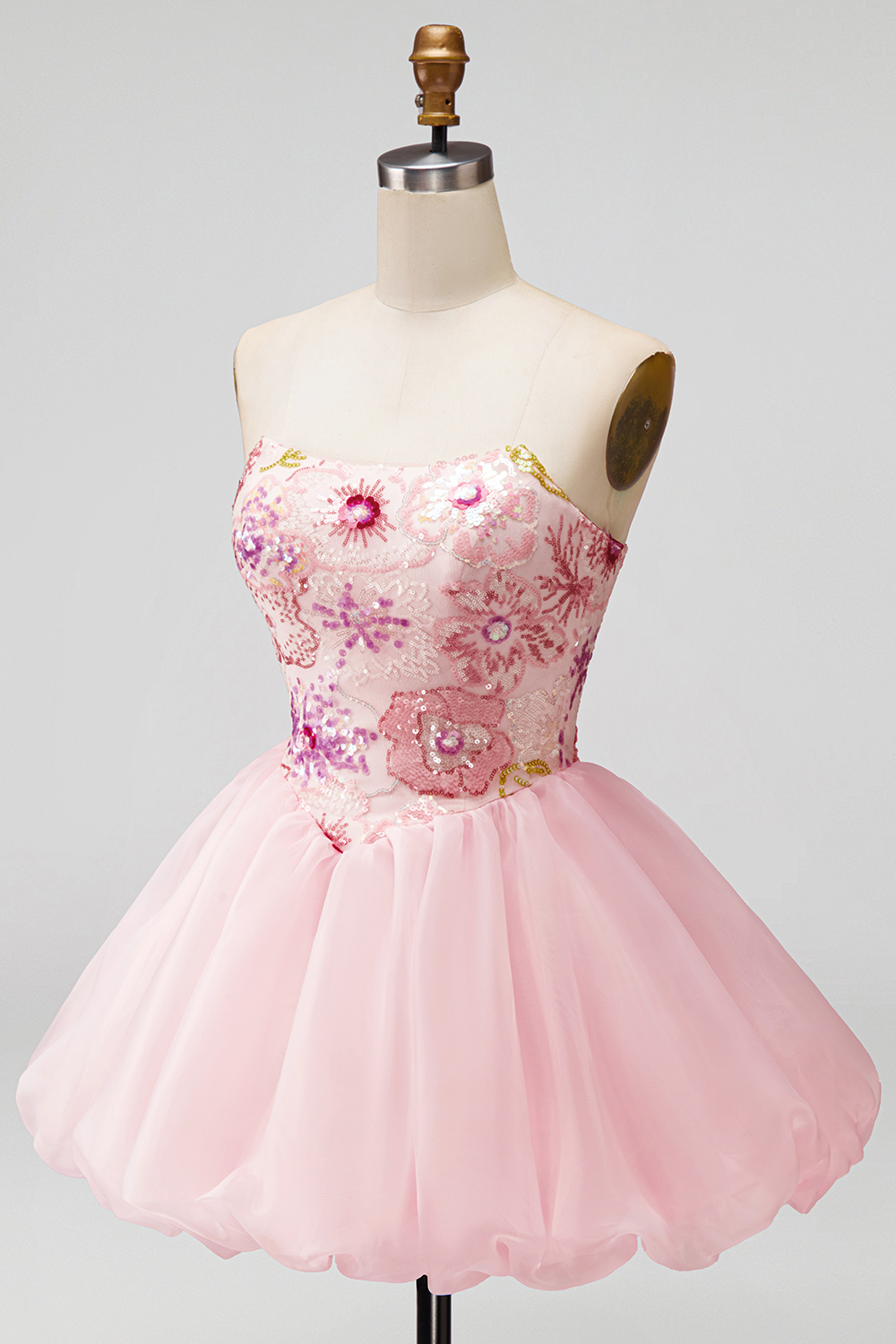 Sparkly Pink A Line Floral Strapless Short Beaded Homecoming Dress