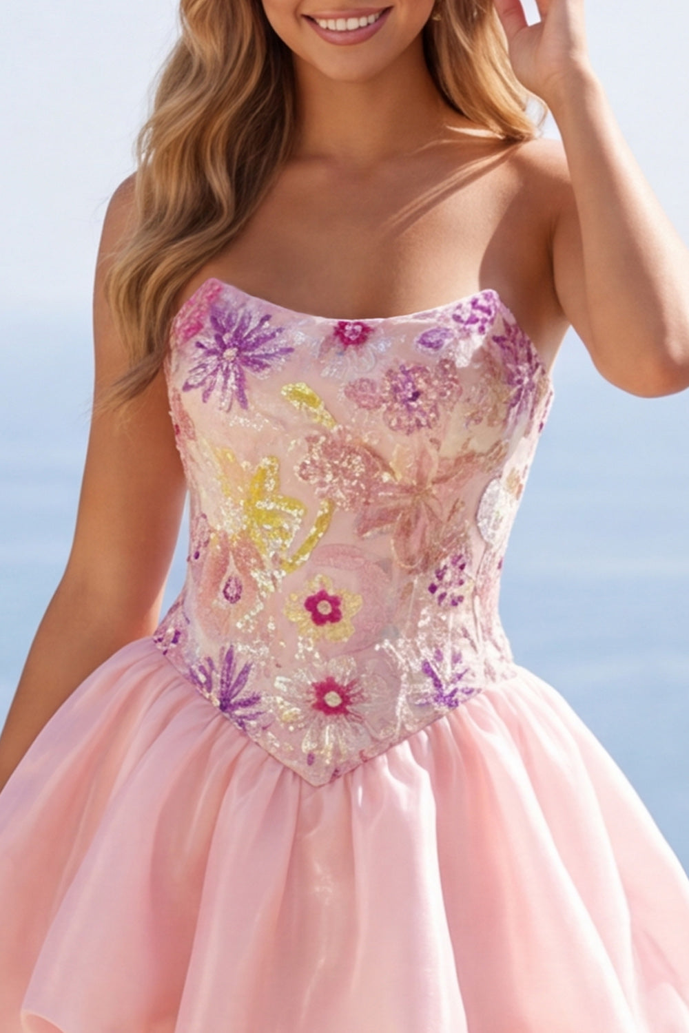 Sparkly Pink A Line Floral Strapless Short Beaded Homecoming Dress