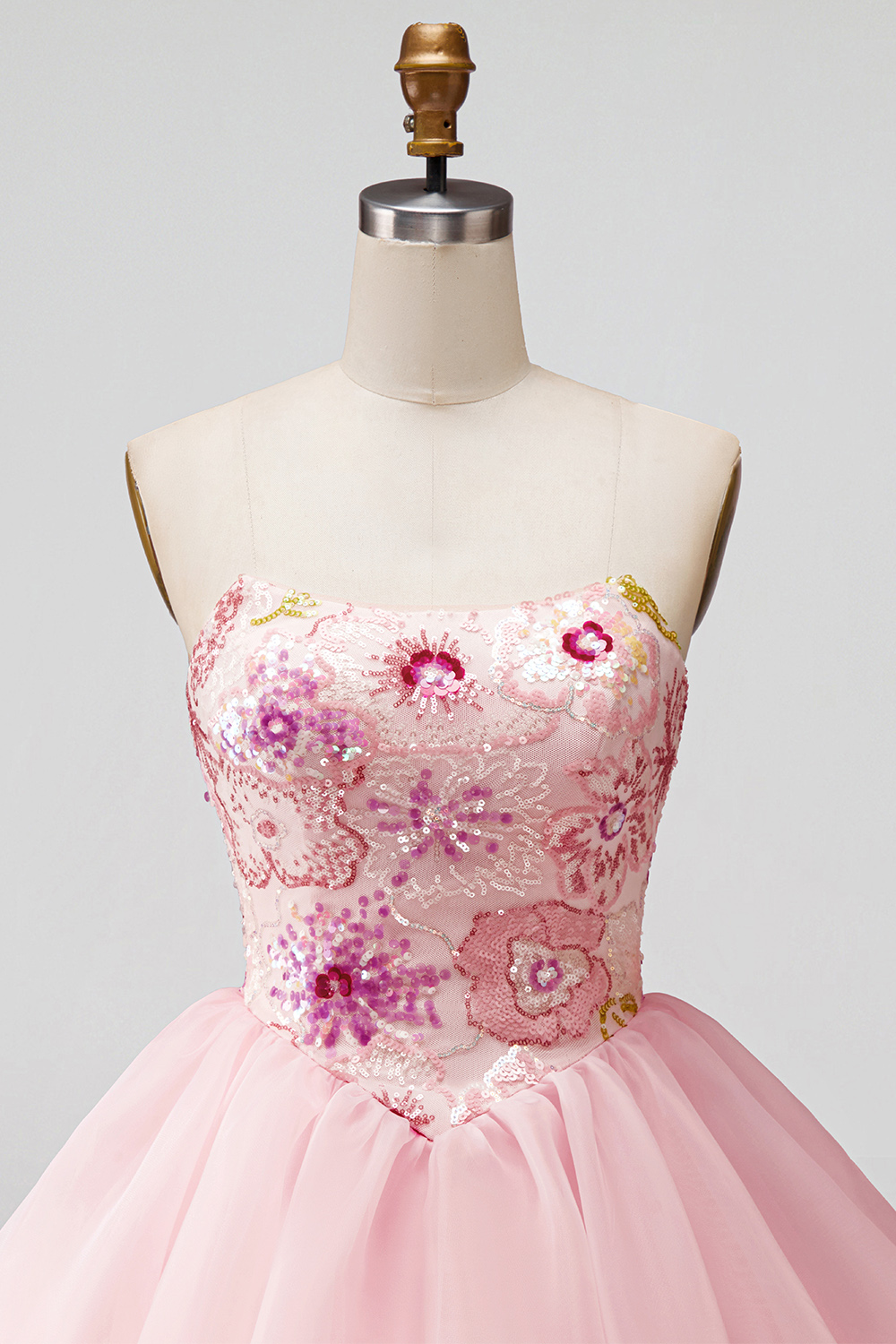 Sparkly Pink A Line Floral Strapless Short Beaded Homecoming Dress