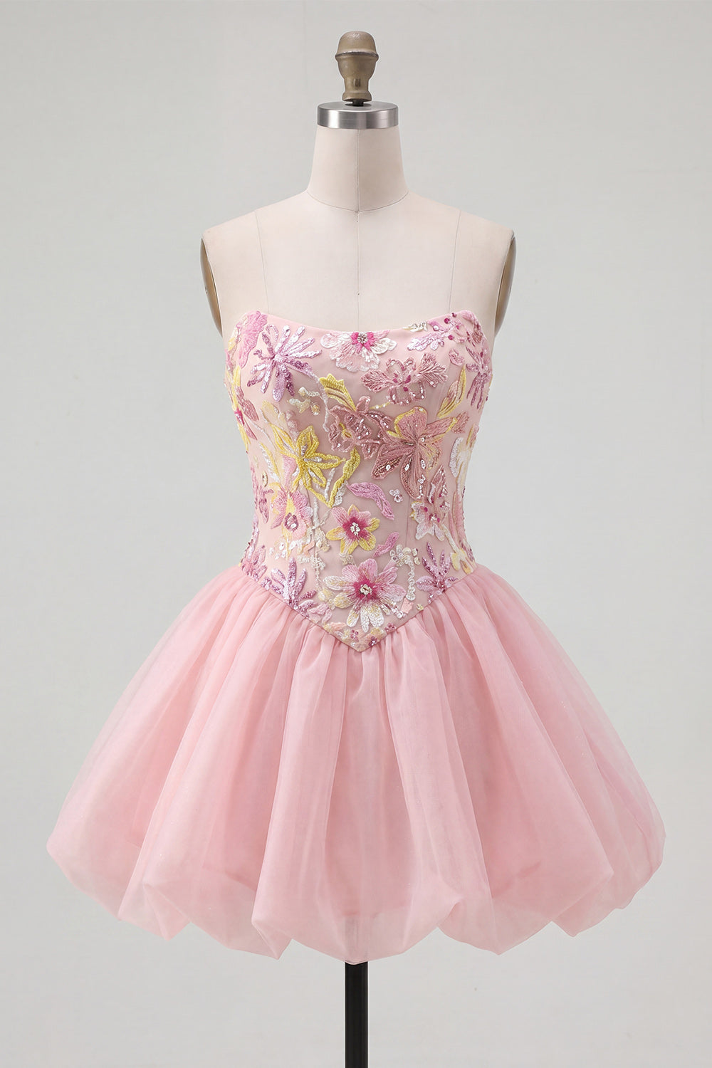 Sparkly Pink A Line Floral Strapless Short Beaded Homecoming Dress
