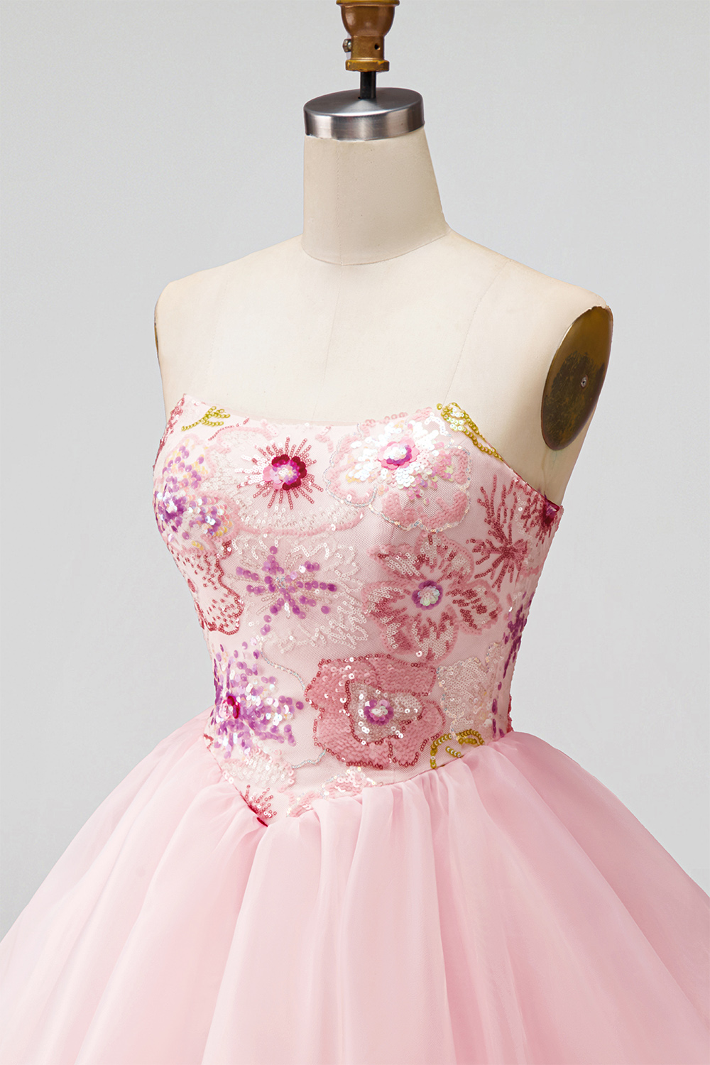 Sparkly Pink A Line Floral Strapless Short Beaded Homecoming Dress