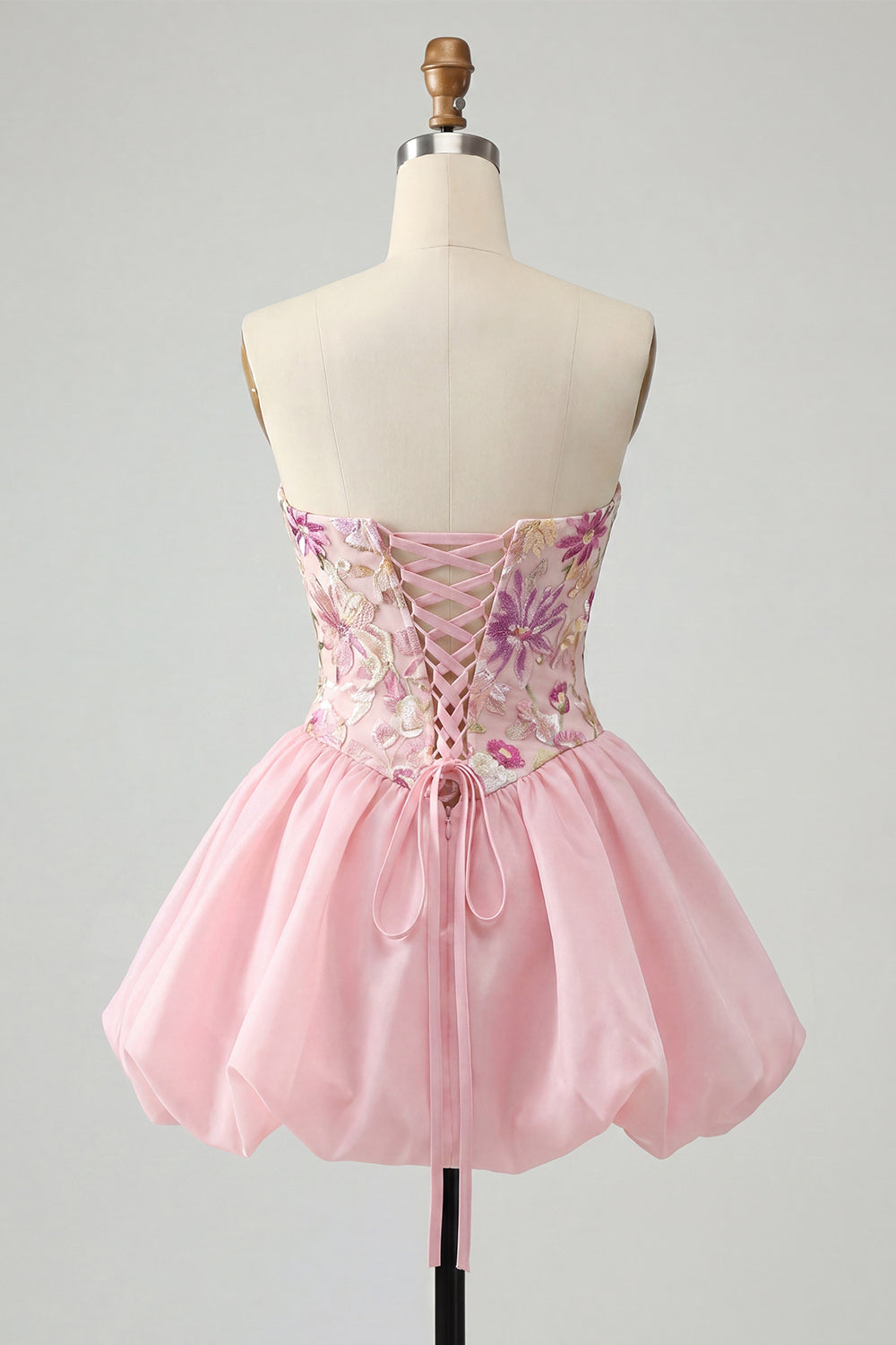 Sparkly Pink A Line Floral Strapless Short Beaded Homecoming Dress