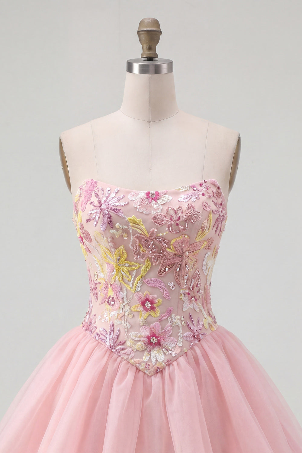 Sparkly Pink A Line Floral Strapless Short Beaded Homecoming Dress