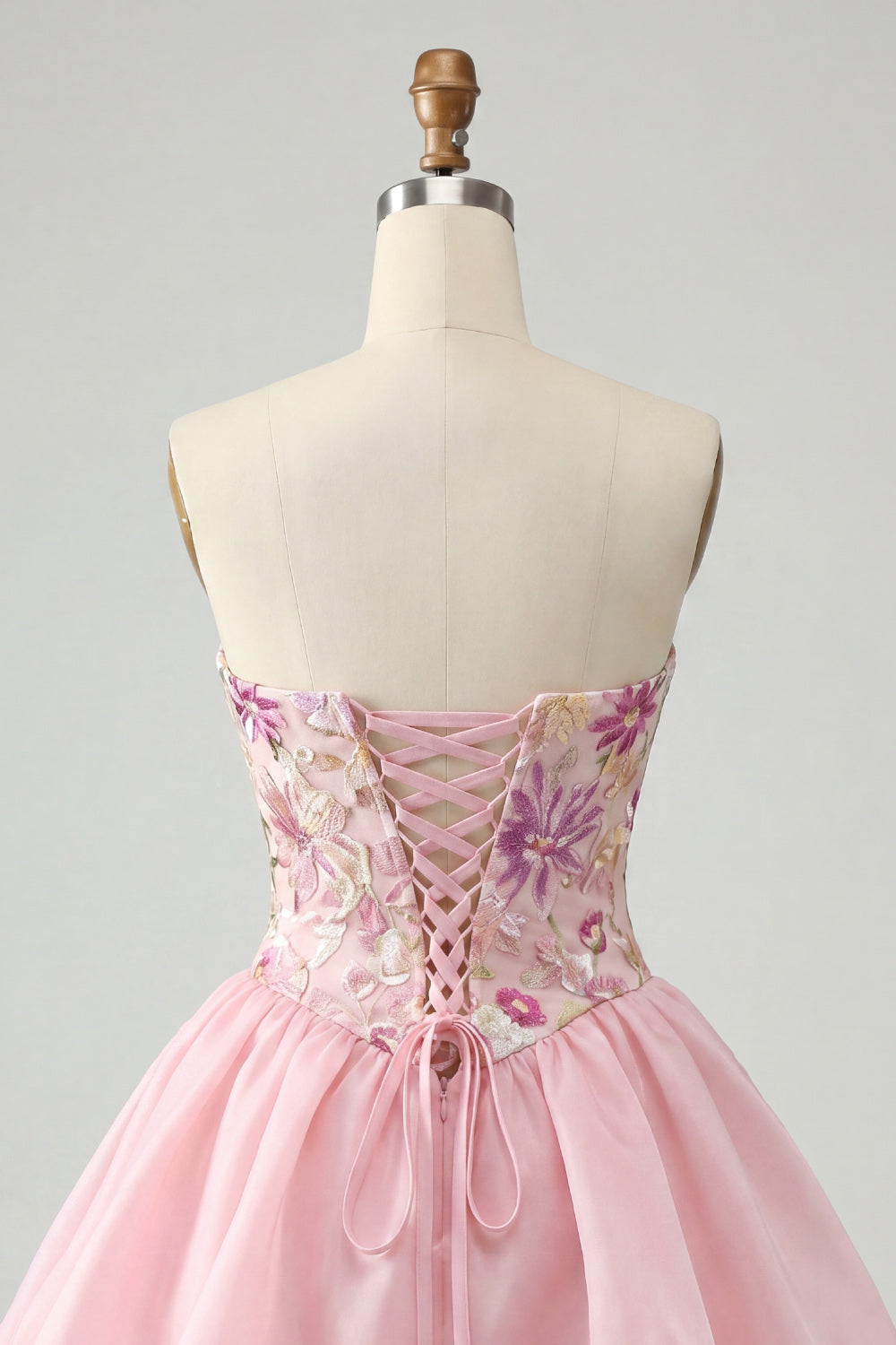 Sparkly Pink A Line Floral Strapless Short Beaded Homecoming Dress