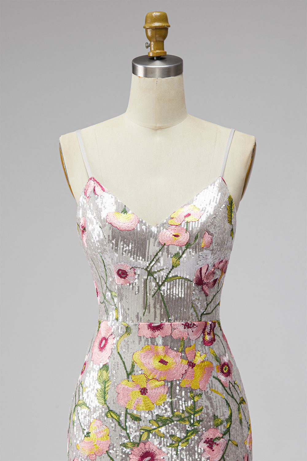 Sparkly Ivory Spaghetti Straps Floral Tight Short Homecoming Dress with Beading