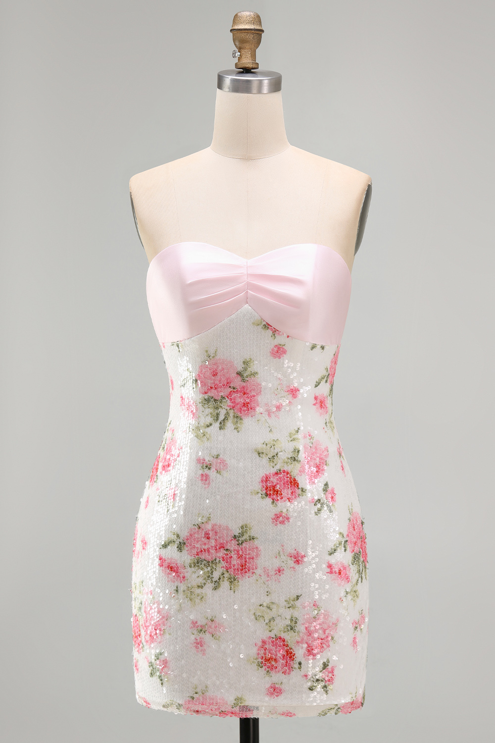 Sequins Tight Strapless Short Sparkly Light Pink Floral Homecoming Dress