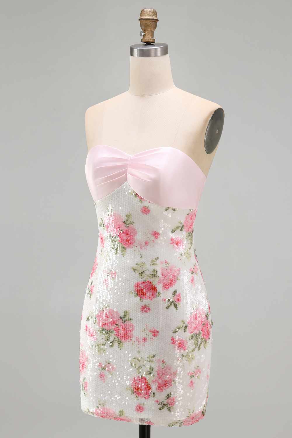Sequins Tight Strapless Short Sparkly Light Pink Floral Homecoming Dress