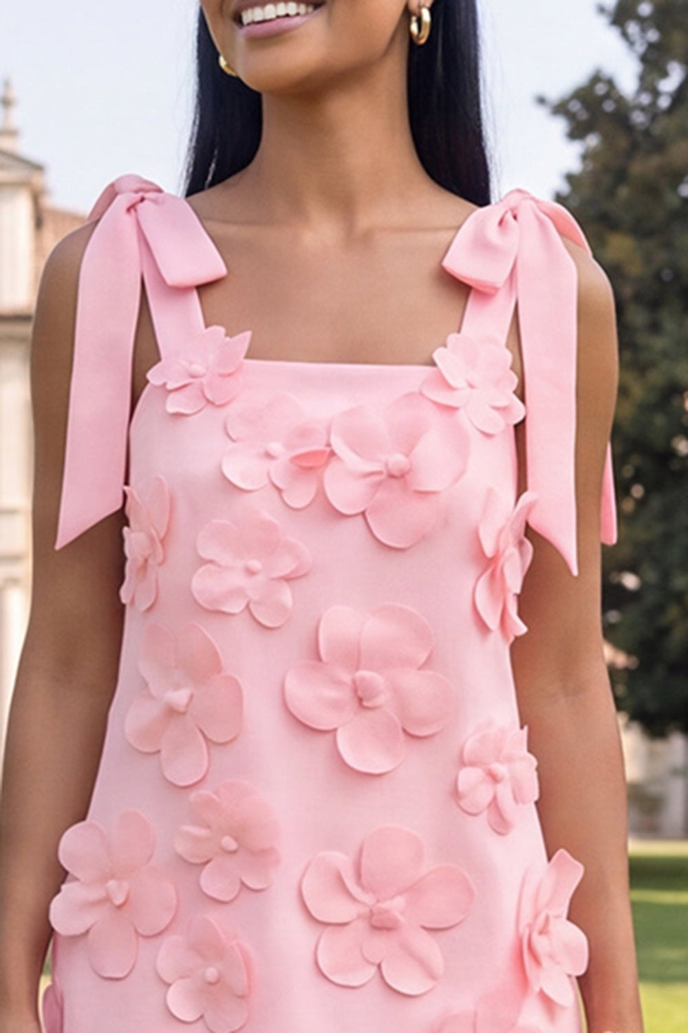 Blue Short Floral Thick Straps A Line Homecoming Dress with Bows