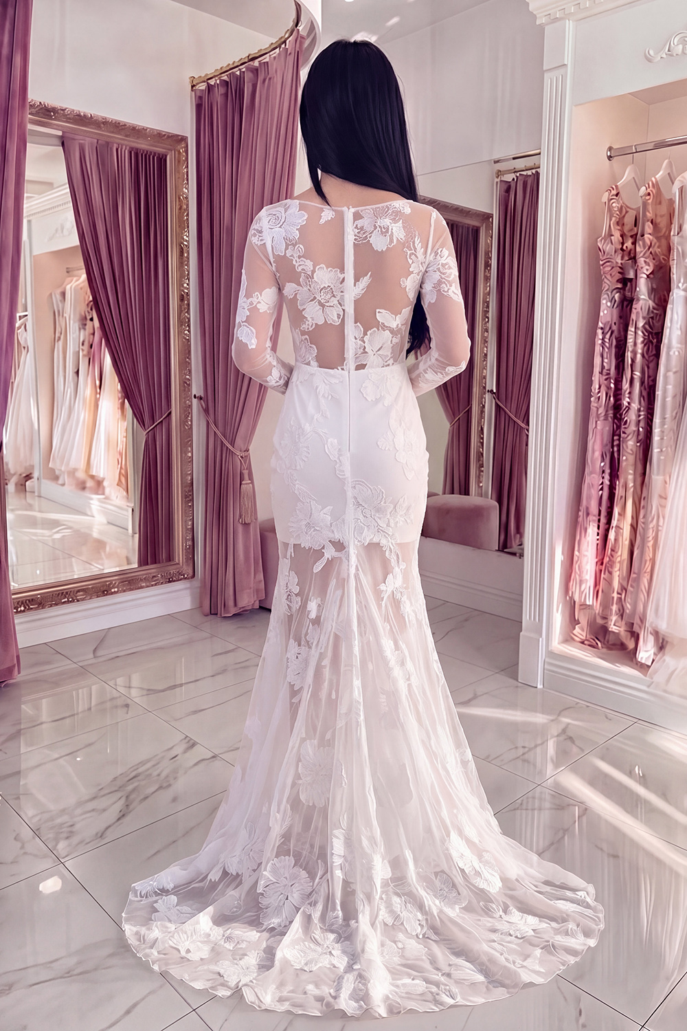 Ivory Floral Boat Neck Mermaid Long Lace Graduation Dress