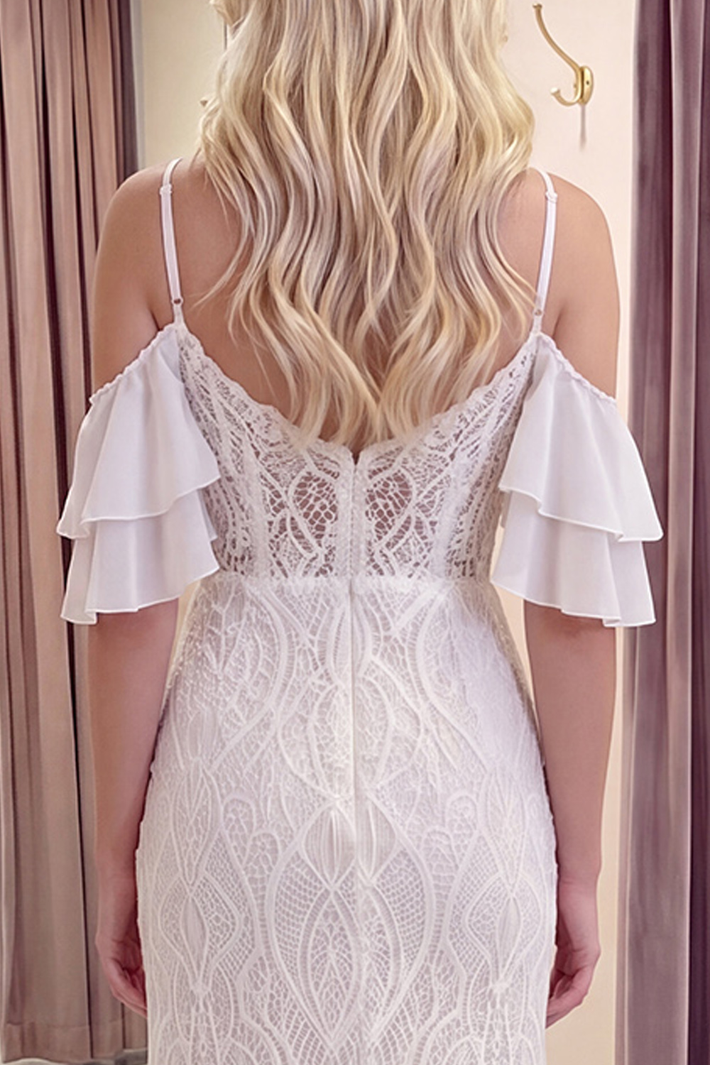 Ivory Ruffled Mermaid Long Lace Graduation Dress with Slit