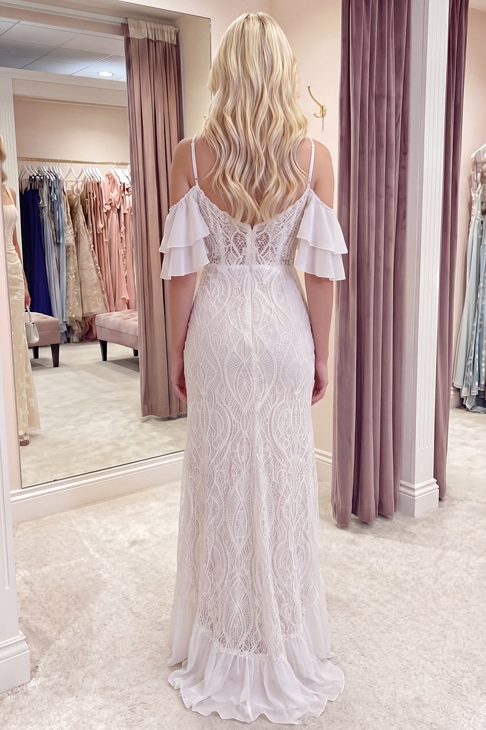 Ivory Ruffled Mermaid Long Lace Graduation Dress with Slit
