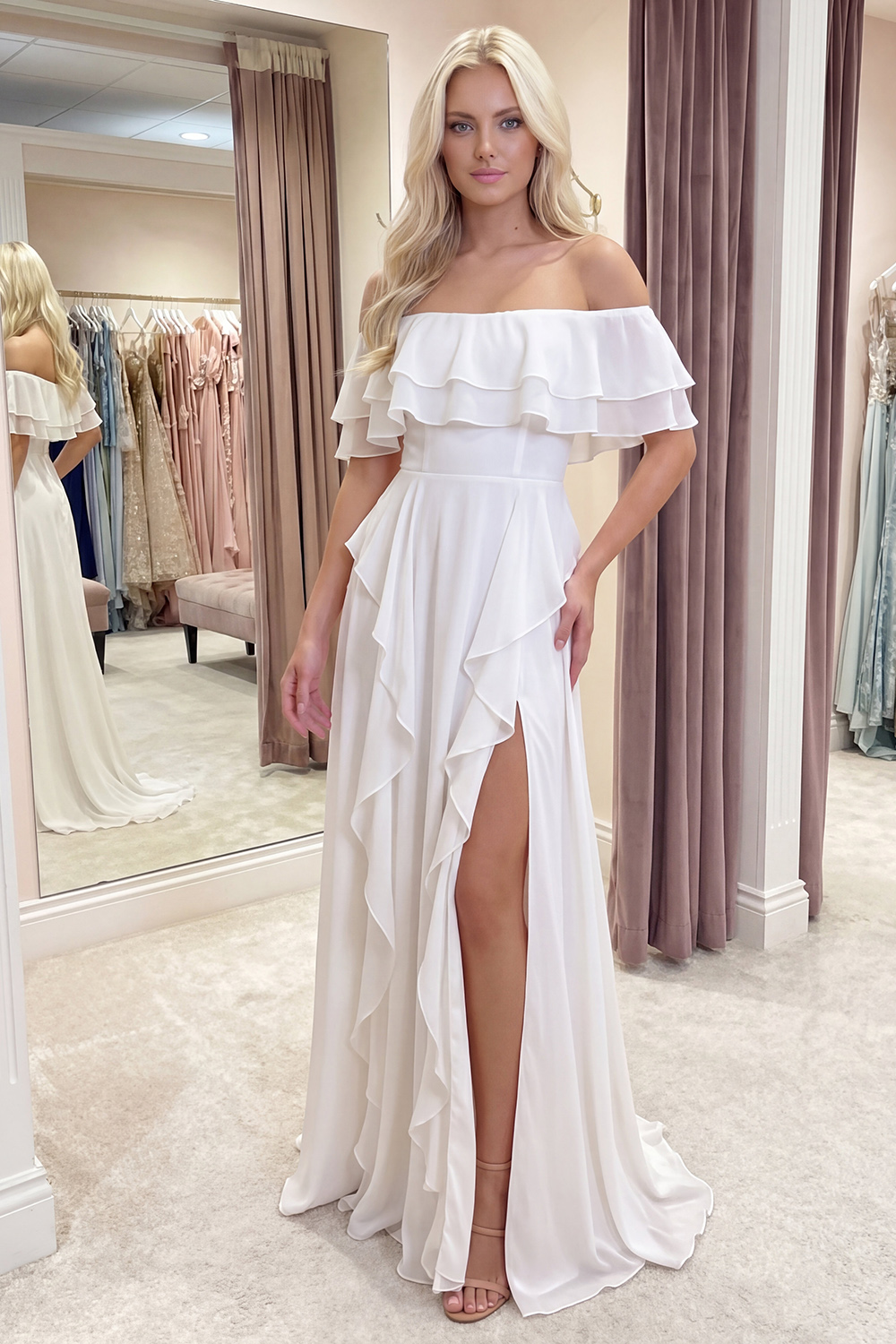 Off the Shoulder Ivory A Line Long Graduation Dress with Ruffles
