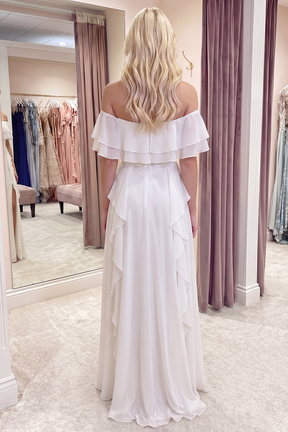 Off the Shoulder Ivory A Line Long Graduation Dress with Ruffles