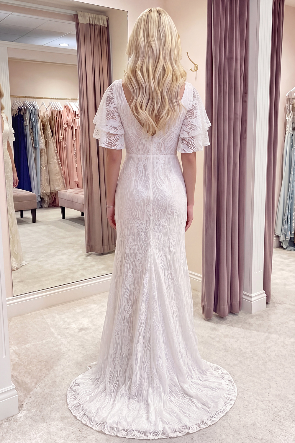 Ivory V-Neck Floral Mermaid Long Lace Graduation Dress with Slit
