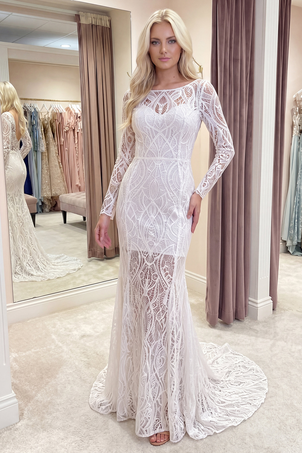 Ivory Lace Long Sleeves Mermaid Boat Neck Graduation Dress