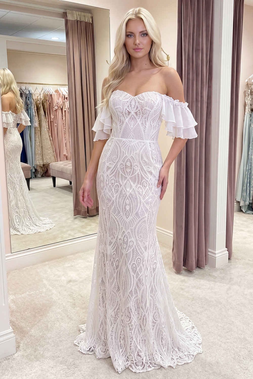 Ivory Mermaid Lace Off the Shoulder Long Graduation Dress with Ruffles